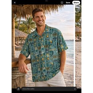 Big Dogs Mens Large Tiki Hawaiian Shirt Teal Rayon Hula Lava Lamp Camp S/S 90s